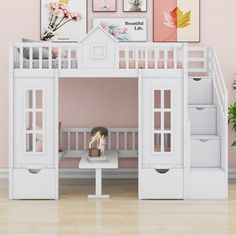 there is a white bunk bed with stairs to the bottom and pink walls behind it