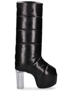 90mm Plexi heel. 45mm Internal platform . Padded leather upper. Pull on . Leather lining and insole. Leather sole with rubber insert Rick Owens Women, Ski Accessories, Tall Leather Boots, Heeled Loafers, Ski Wear, Black Leather Boots, Rick Owens, Plexus Products, Boot Shoes Women