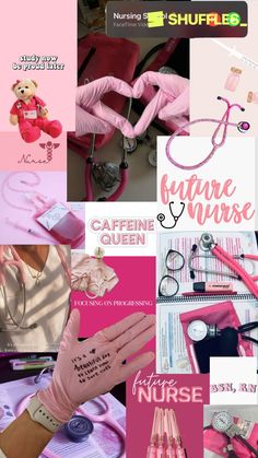 pink collage with nurse's accessories and medical items