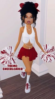 an animated image of a woman in a cheerleader outfit with pom poms