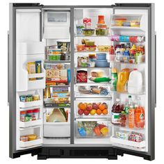 an open refrigerator with its doors wide open and full of food, including fruit, juice, and milk