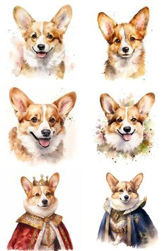 four different pictures of corgi wearing clothes and hats with their faces painted in watercolor