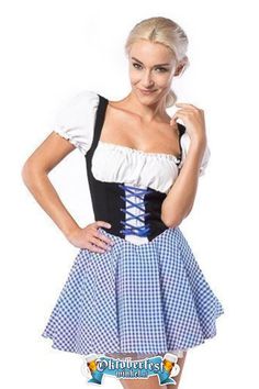 De Dirndl Eva is een korte Dirndl met een kanten petticoat aan de fraai vormgegeven rok bevestigd.  Het bovenlijf is donkerbruin met een blauwe strik. Het jurkje is getailleerd en door de sierveter af te stellen naar jouw ideale pasvorm. Daarnaast bevat de Eva een witte top met pofmouwtjes. De blouse, rok en korsetgedeelte zijn aan elkaar bevestigd en is dus helemaal compleet!