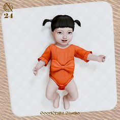 a digital image of a baby doll wearing an orange bodysuit