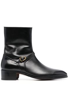 black calf leather almond toe gold-tone buckle fastening side zip fastening branded insole flat leather sole Formal Chelsea Ankle Boots With Buckle, Formal Chelsea Ankle Boots With Buckle Closure, Designer Business Boots With Buckle Closure, Formal Chelsea Boots With Buckle Closure, Classic Calf Leather Moto Boots With Buckle, Formal Boots With Buckle Closure And Almond Toe, Formal Almond Toe Boots With Buckle Closure, Leather Chelsea Boots With Buckle For Formal Occasions, Calf Leather Ankle Boots With Buckle Closure