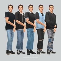 six different poses of the same man in jeans and sweaters, with their arms stretched out