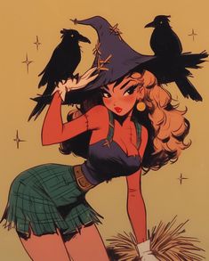 a woman in a witch costume holding two crows on her head