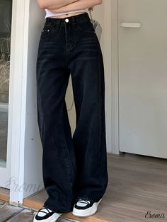 Eromis - High-Waist Black Loose Fit Baggy Wide Leg Womens Denim Jeans Baggy High Waist Solid Jeans, High Waist Baggy Solid Jeans, Black Loose Fit Full Length Jeans, Trendy Black Loose Fit Jeans, Trendy Black Jeans With Relaxed Fit, Wide Legs Jeans, High Waisted Black Jeans, Jeans High Waist, Womens Denim