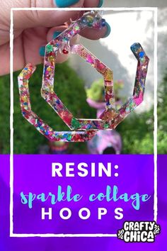 a hand holding up a colorful necklace with text reading resin sparkle collage hoops