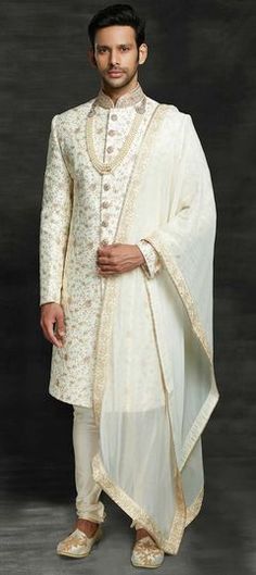 White and Off White color Sherwani in Silk fabric with Thread, Zari work Men Wedding Dress, Wedding Dress Groom, Sherwani For Groom, Mens Wedding Suits, Sherwani For Men Wedding, Sherwani Groom, Mens Sherwani, Sherwani For Men, Wedding Sherwani