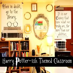 harry potter themed classroom with bookshelves and posters on the wall