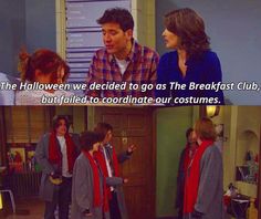 two people talking to each other in front of a door with the caption that reads, halloween we decided to go as the breakfast club but failed to coordinate our costumes