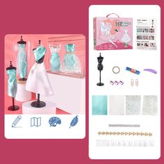 an assortment of clothing and accessories displayed in front of a pink background with text overlay