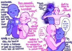 two people hugging each other with the caption's above them in pink and blue