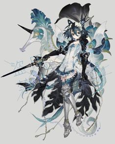 an anime character holding two swords in one hand and wearing a costume with wings on the other