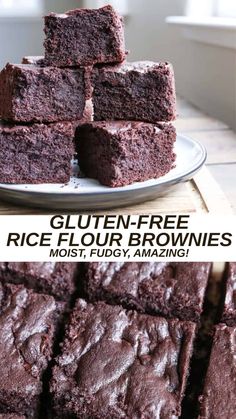 chocolate brownies stacked on top of each other with text overlay reading gluten - free rice flour brownies