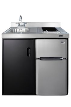 a stainless steel refrigerator next to a sink and dishwasher on a white background