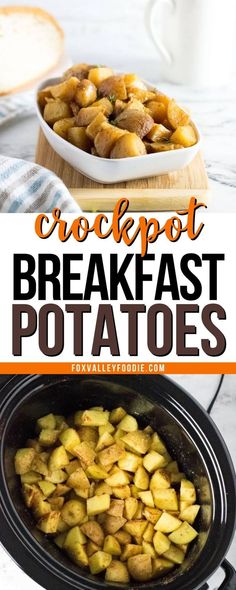 crockpot breakfast potatoes in the slow cooker with text overlay that reads crockpot breakfast potatoes