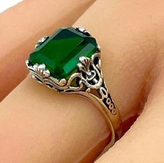 Vintage Solitaire Simulated Emerald In 925 Solid Sterling Silver Filigree Ring. Excellent Condition, Satisfaction Guaranteed! *May Birthstone Classic Green Filigree Ring As Gift, Green Filigree Ring Fine Jewelry For Gift, Green Filigree Ring As Fine Jewelry Gift, Green Sterling Silver Classic Filigree Ring, Classic Green Sterling Silver Filigree Ring, Classic Green Emerald Ring Stamped 925, 22 Carat Gold Jewellery, Ring My Bell, Emerald Ring Vintage