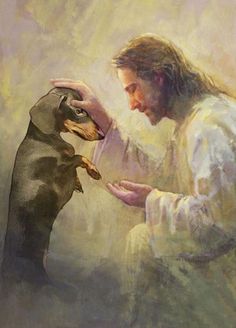 a painting of jesus feeding a dachshund