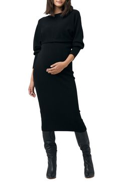 Elegant and streamlined, this long-sleeve maternity dress features a sophisticated design and a ribbed skirt built for every phase of motherhood. Crewneck Long sleeves Unlined 44% viscose, 30% cotton, 26% nylon Hand wash, dry flat Imported Christmas Maternity Dress, Baby Boy Shower Dress For Mom, Fall/winter Maternity Fashion, Maternity Christmas Outfit, Winter Baby Shower Outfit, Maternity Office Wear, Maternity Capsule Wardrobe, Pregnancy Fashion Winter, Long Sleeve Maternity Dress