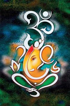 an artistic painting with the words om shanti written in white on green and blue background