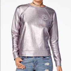 Nwt The Coolest Silver Metallic Sweatshirt By Polly & Esther! Size M, Approx Measurements Laying Flat Pit To Pit 20", Length 23-1/4" Embellished Sweater, Le Suit, Game 3, Karl Lagerfeld Paris, Sweatshirts Online, Metallic Foil, Matching Family Outfits, Family Outfits, Sleeves (women)