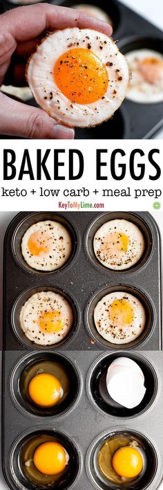 an egg in a muffin tin with the words baked eggs on top and below