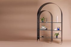 an arch shaped shelf with plants and vases on it in front of a beige wall