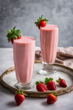 two glasses filled with pink smoothie and strawberries sitting on a plate next to each other