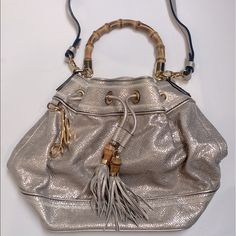 Brand New With Tags Milly Iridescent Snake Bucket Bag With Bamboo Top Handle, Tassels, And Removable Shoulder Strap Retails For &475 Silver Champagne Color Snake Bag, Large Leather Handbags, Brown Leather Top, Leather Fringe Bag, Pink Snake, White Mermaid, Patent Leather Handbags, Fringe Bags, Leather Duffle