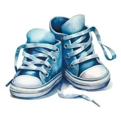 a pair of blue shoes with white laces on the bottom and one shoelace