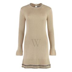 Rabanne Ladies Dresses. SKU: 23FMRO612ML0232-P253. Color: Shiny Beige. Rabanne Open Knit Embellished Mini Dress. This mid-weight knit dress features a metallic beaded trim, a jewel neckline, long sleeves and a button keyhole at the back. Material: 100% cotton Embellished Mini Dress, Versace Watch, Ladies Dresses, Jewel Neckline, Cheap Gifts, Denim Shoes, Crossbody Messenger Bag, Beaded Trim, Open Knit