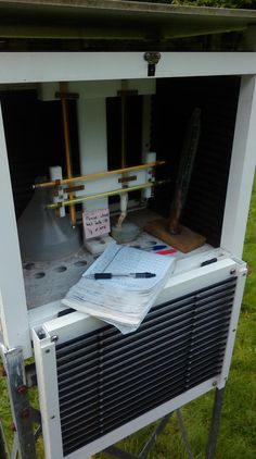 an air conditioner sitting on top of a green field