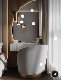 a modern bathroom with round lights above the sink