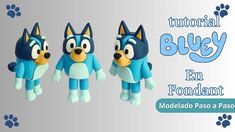 three stuffed animals are in the shape of bluey and their name is modulado pasoo a pasoo