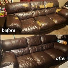 a couch that has been cleaned and is brown with yellow spots on the armrests