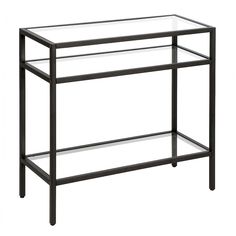 a glass and metal console table with two shelves on one side, against a white background