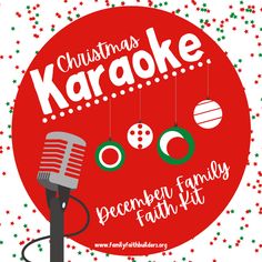 a microphone with christmas ornaments hanging from it and the words, christmas karaoke december family faith kit