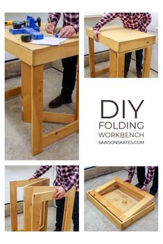 four pictures showing how to make a diy folding workbench