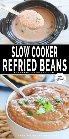 slow cooker refried beans in a bowl with spoon