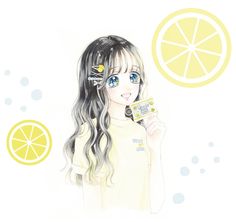 a drawing of a girl holding a credit card in front of an orange and lemon background