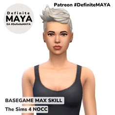 a woman with grey hair wearing a black tank top and shorts, text reads base game max skill the sims 4 noc