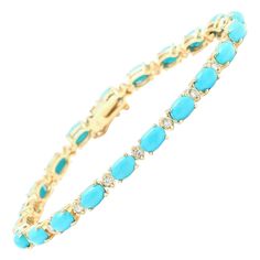 Very Impressive 11.60 Carats Natural Turquoise & Diamond 14K Solid Yellow Gold Bracelet Suggested Replacement Value: $6,500.00 STAMPED: 14K Total Natural Round Diamonds Weight: Approx. 0.60 Carats (color G-H / Clarity SI1-Si2) Total Natural Turquoise Weight is: Approx. 11.00 carats Turquoise Measure: Approx. 6 x 4mm Bracelet length is: 7 inches Bracelet Width: Approx. 4mm Bracelet total weight: Approx. 10g Disclaimer: all weights, measurements and colors are approximate and may vary slightly fro Bracelet Tennis, Vintage Tennis, Antique Bracelets, Diamonds And Gold, Yellow Gold Bracelet, Tennis Bracelet Diamond, Antique Diamond, Natural Turquoise, Vintage Diamond