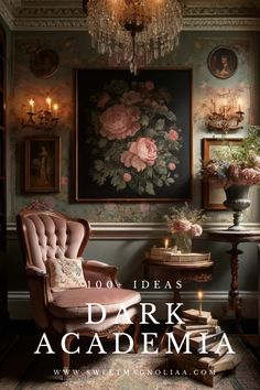 the cover of 1001 ideas dark academa, featuring a pink chair and chandelier