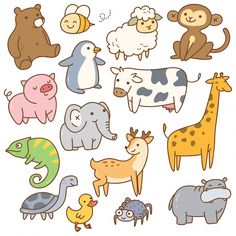 an assortment of cartoon animals on a white background