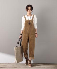 "★★Feature 60% Cotton, Corduroy Medium Weight，Comfortable, Breathable Suit for Spring,Autumn, Winter Fabric swatch https://etsy.me/3rDEGCJ Size Chart https://etsy.me/3skS1Aq More Overalls /Jumpsuits From Ylistyle https://etsy.me/3B2exkH ★★ Model size Height approx 170 cm (5′ 7″) Bust 84 cm (33\")  Waist 66 cm (26\") waist.  She wears size XS ★★ Please select custom order according to the follow situation Need other color Your height is not between 157 cm and 175 cm Your weight is over 77 kg Requ Custom Jumpsuit, Overalls Brown, Korean Streetwear Fashion, Long Wool Coat Women, Retro Trousers, Womens Overalls, Overalls Plus Size, Overalls Casual, Cold Shoulder Jumpsuit