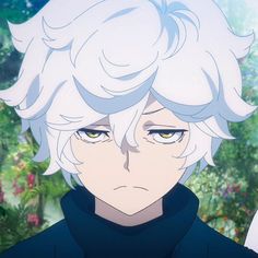 an anime character with white hair and yellow eyes looking at something in front of him