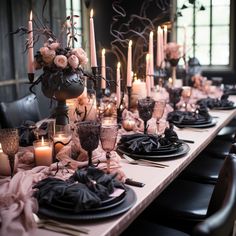 Elegant Halloween: Embracing the Pink Trend in Spooky Tablescapes – A Sparkly Life for Me Moody Wedding Place Setting, Gothic Table Decorations, Elegant Halloween Table Settings, Romantic Gothic Halloween Decor, Gothic Wedding Table Centerpieces, Goth Wedding Decorations Table Settings, Gothic Dinner Table, Goth Table Decor, Gothic Table Centerpieces