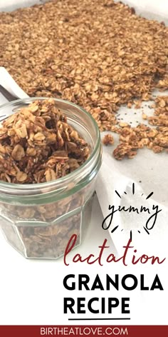 granola in a glass bowl with a spoon on the side and text overlay